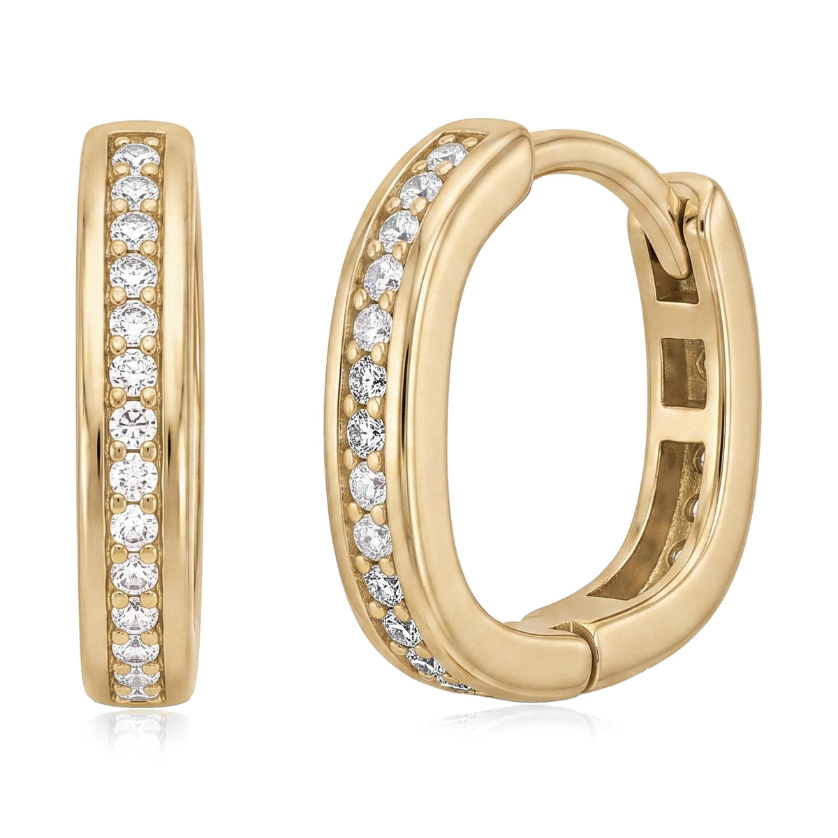 Pair of 14K yellow gold square huggie hoop earrings with round cubic zirconia, front and angled clasp view