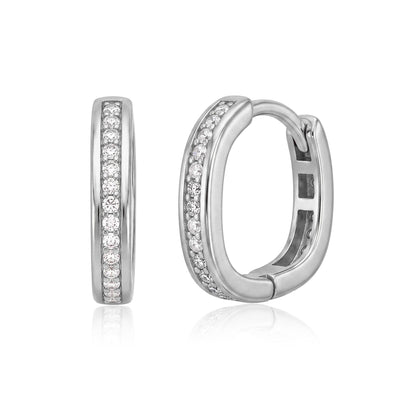 Pair of 14K white gold square huggie hoop earrings with round cubic zirconia, front and angled clasp view