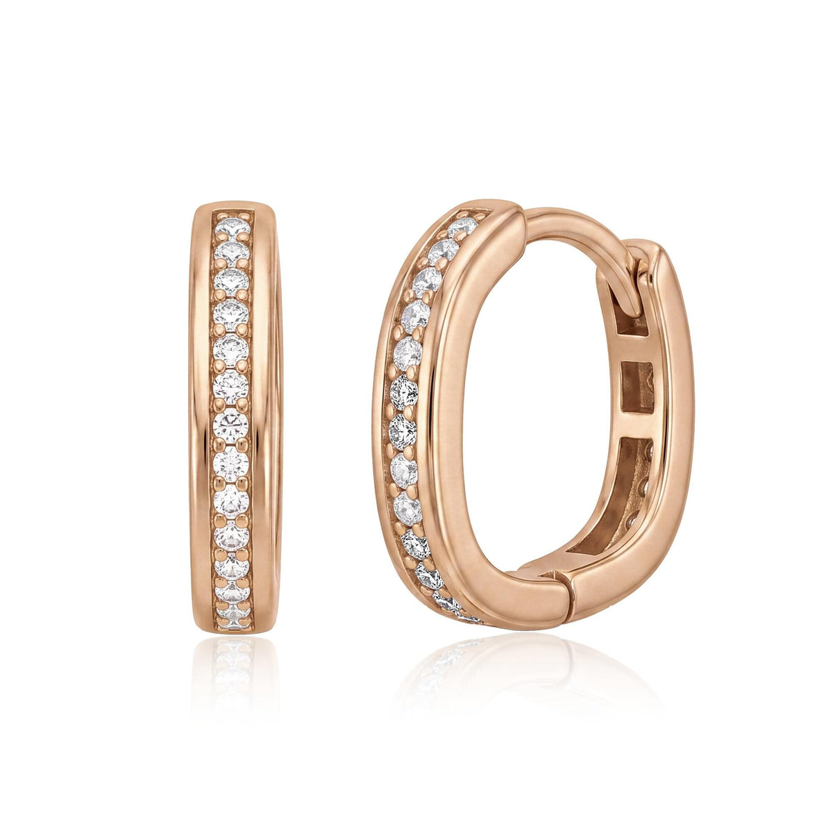 Pair of 14K rose gold square huggie hoop earrings with round cubic zirconia, front and angled clasp view