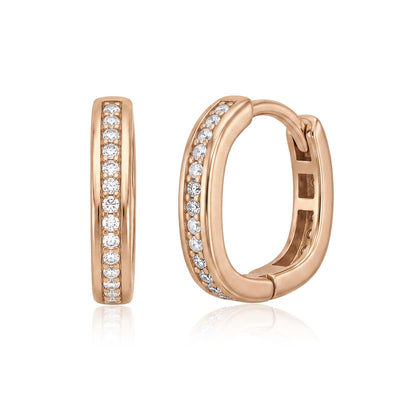 Pair of 14K rose gold square huggie hoop earrings with round cubic zirconia, front and angled clasp view