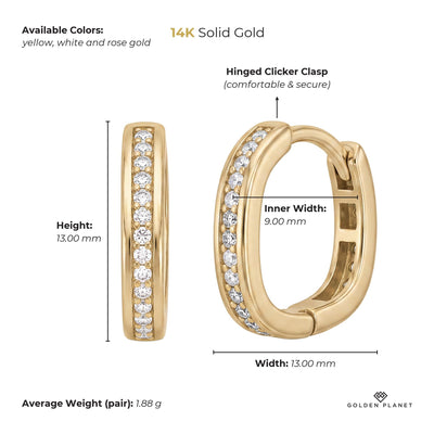 Size chart for the 14K gold square huggie hoop earrings showing stones, available colors, earring face, inner opening