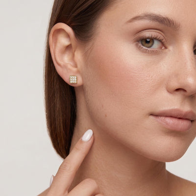 14K gold square stud earrings, styled view