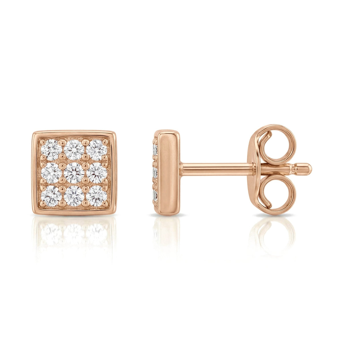 14K rose gold square stud earrings set with nine clear stones, shown front and side with butterfly back