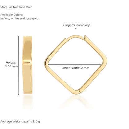 Gold hoop earrings with measurements and material details on a white background