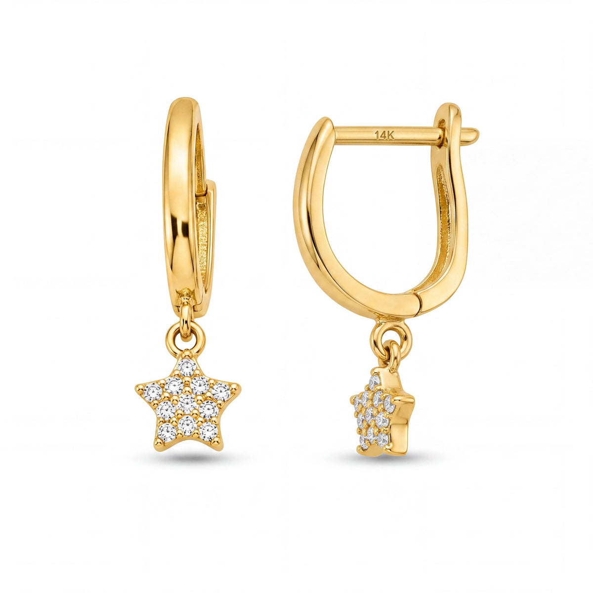 14K gold star hoop earrings, product photo