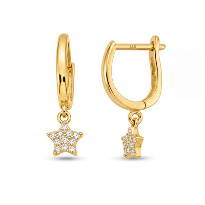14K gold star hoop earrings, product photo