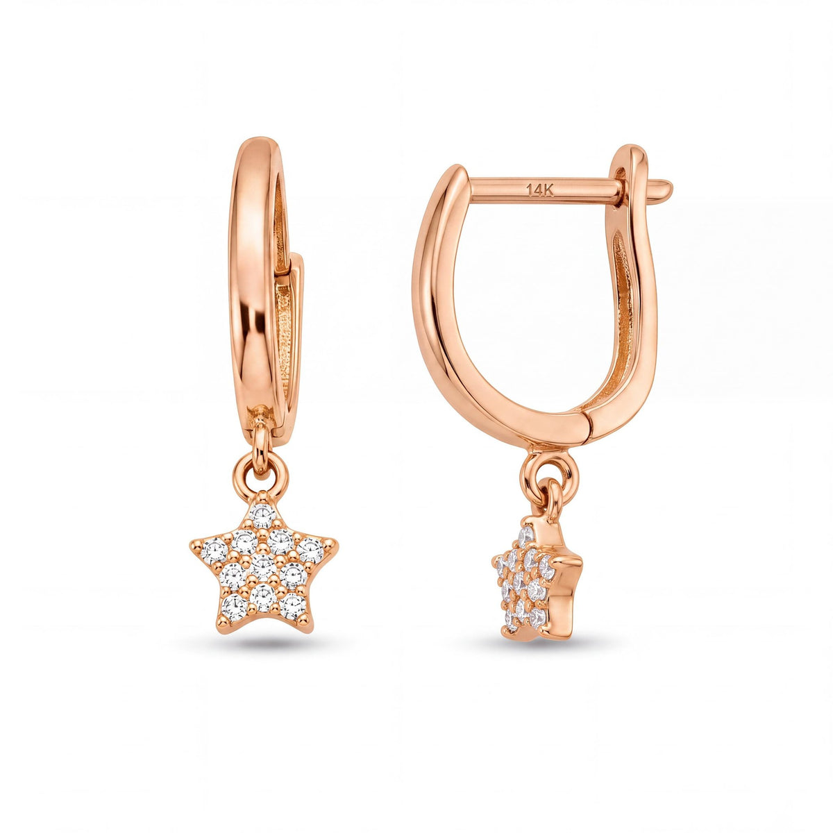 14K gold star hoop earrings, product photo