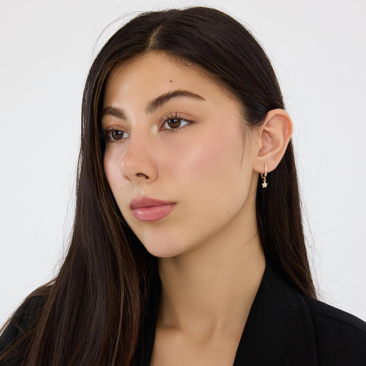 14K gold star hoop earrings, styled view