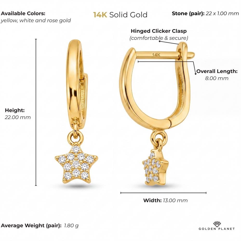 14K gold star hoop size and weight guide, size and weight guide