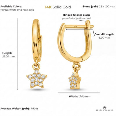 14K gold star hoop size and weight guide, size and weight guide