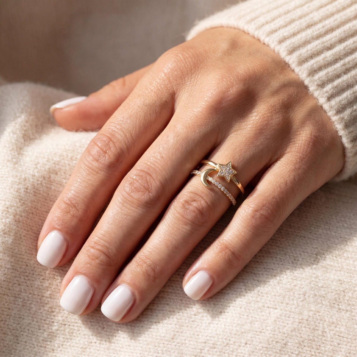 14K gold star & moon ring, styled view