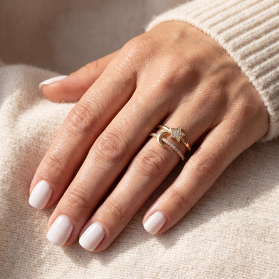 14K gold star & moon ring, styled view
