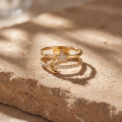 14K gold star & moon ring, styled view