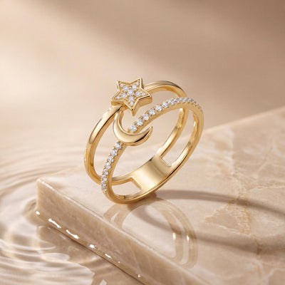 14K gold star & moon ring, styled view