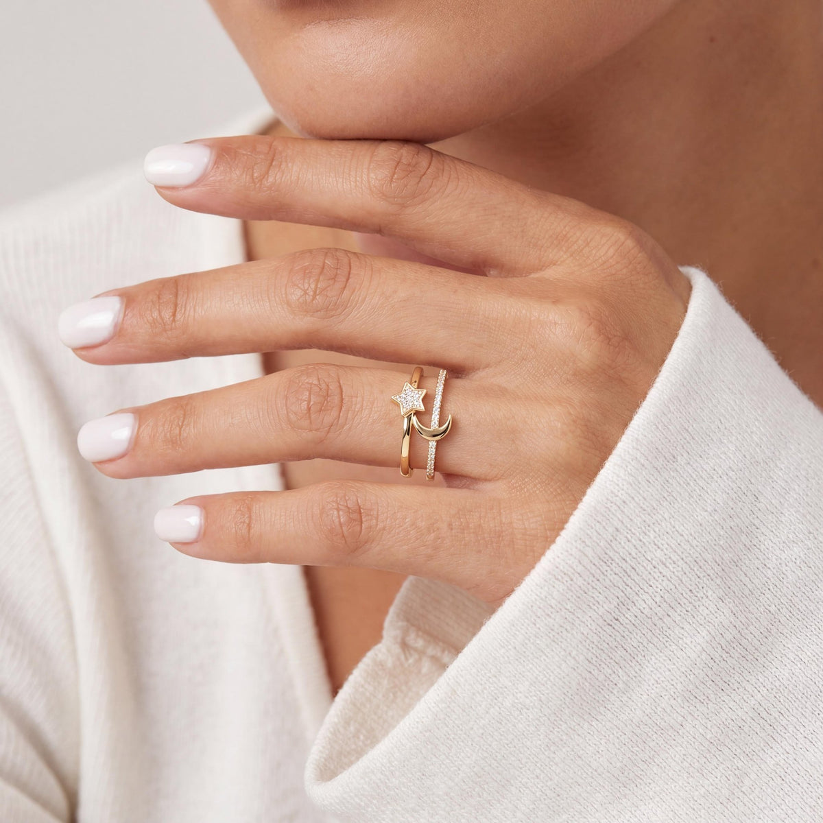 14K gold star & moon ring, styled view