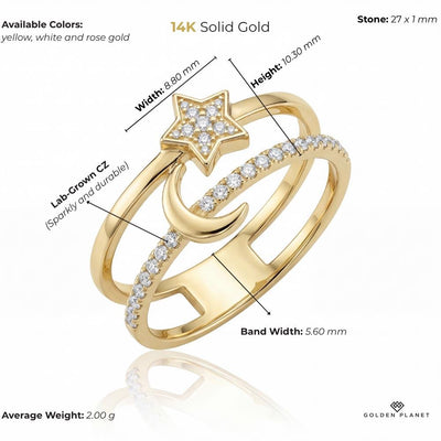 Product info graphic for 14K gold star & moon ring, size and weight guide