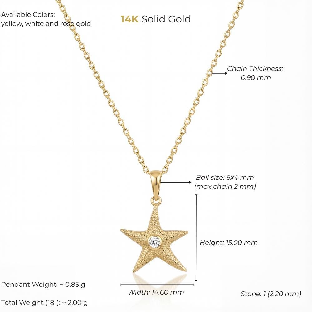 14K gold star zirconia minimal starfish unisex jewelry size and weight guide