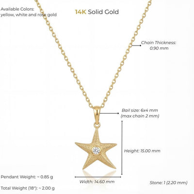 14K gold star zirconia minimal starfish unisex jewelry size and weight guide