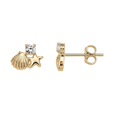14K yellow gold starfish stud earrings with round cubic zirconia, front and side view with push back