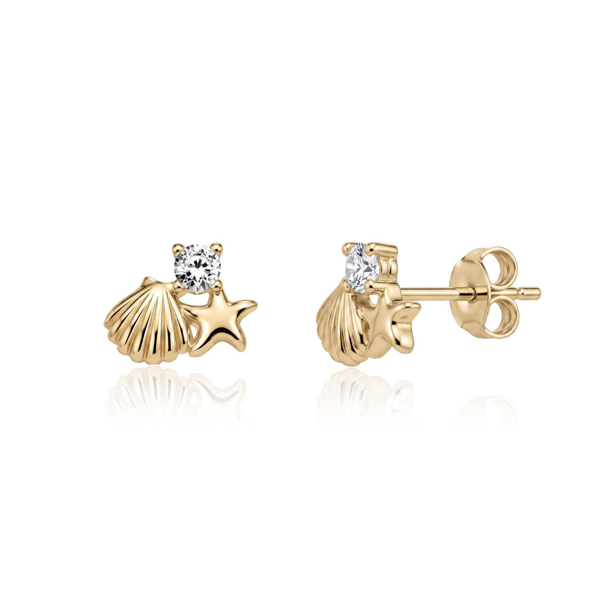 14K yellow gold starfish stud earrings with round cubic zirconia, front and side view on white