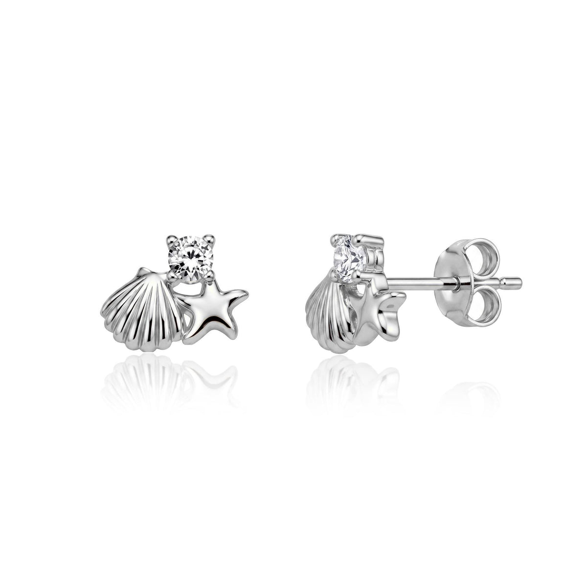 14K white gold starfish stud earrings with round cubic zirconia, front and side view with push back