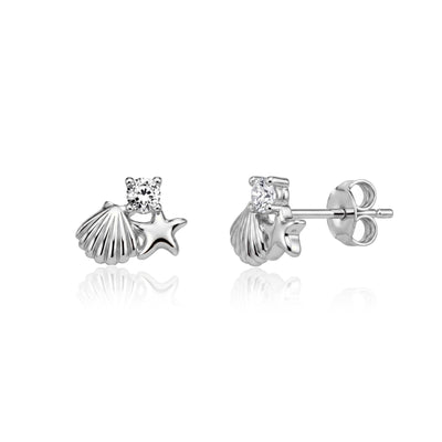 14K white gold starfish stud earrings with round cubic zirconia, front and side view with push back