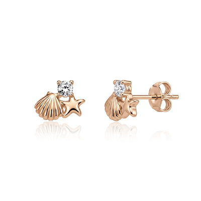 14K rose gold starfish stud earrings with round cubic zirconia, front and side view with push back