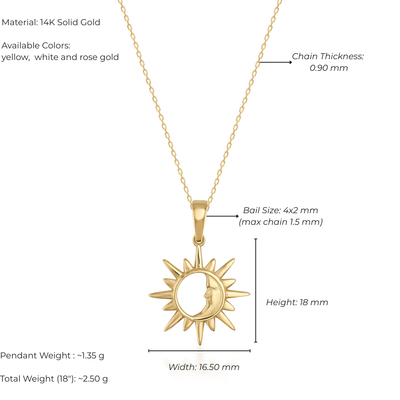 Gold sun pendant necklace with chain thickness, ball size, and other specifications on a white background