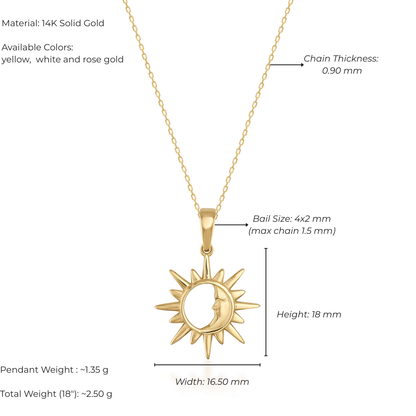 Gold sun pendant necklace with chain thickness, ball size, and other specifications on a white background