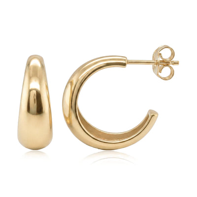 14K yellow gold tapered hoop earrings, front and side view with post and butterfly back on white