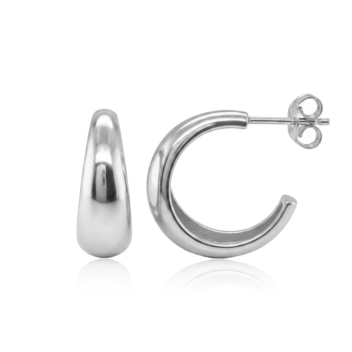 14K white gold tapered hoop earrings, front and side view with post and butterfly back on white