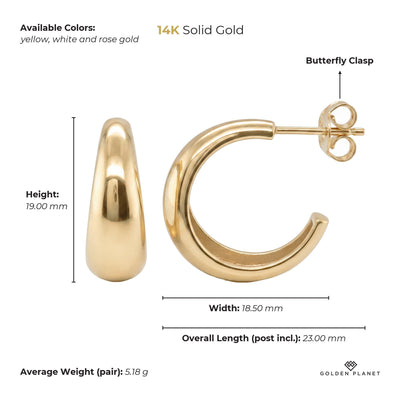 Size chart for the 14K gold tapered hoop earrings showing available colors, height, width, overall length, closure, average