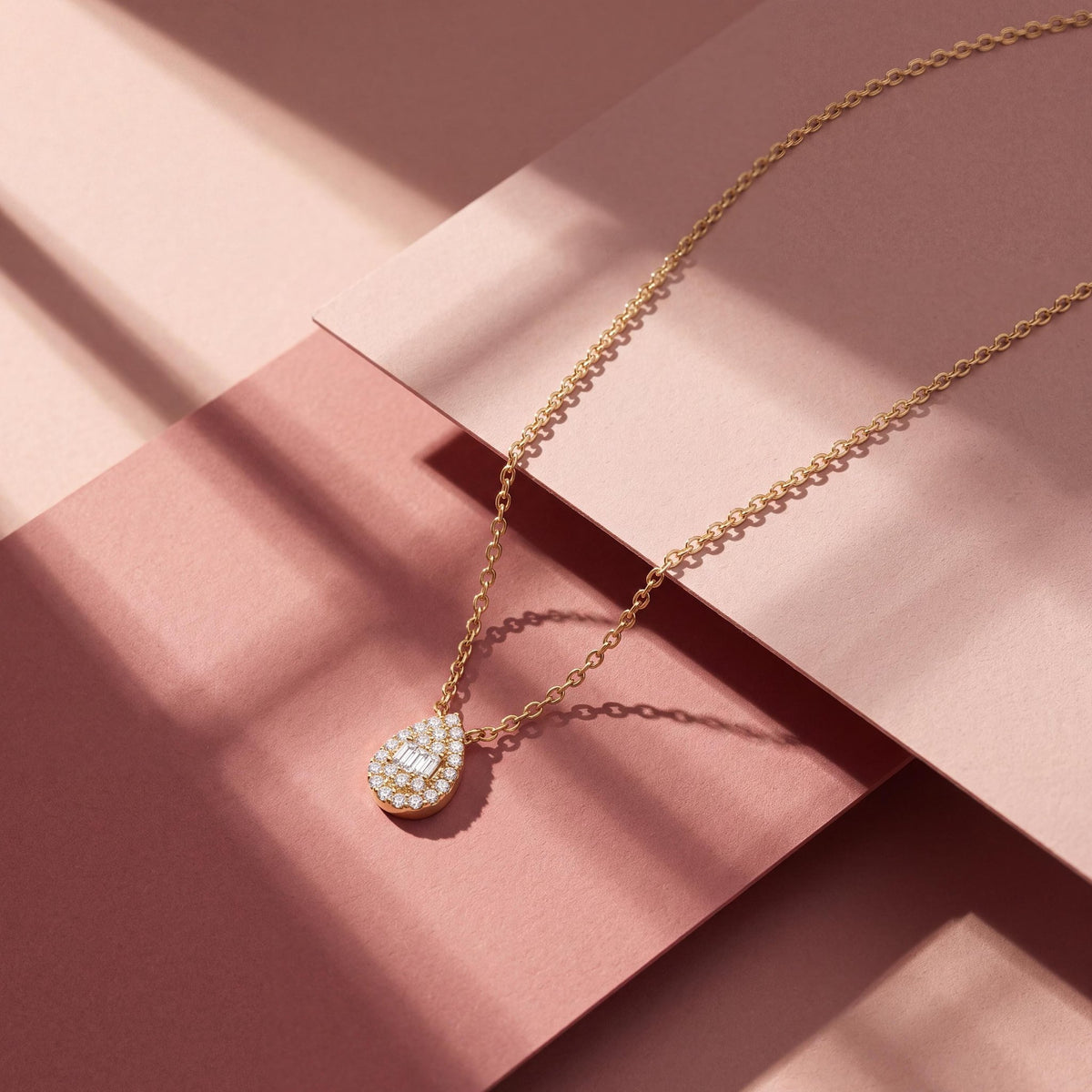 14K gold teardrop necklace, styled view