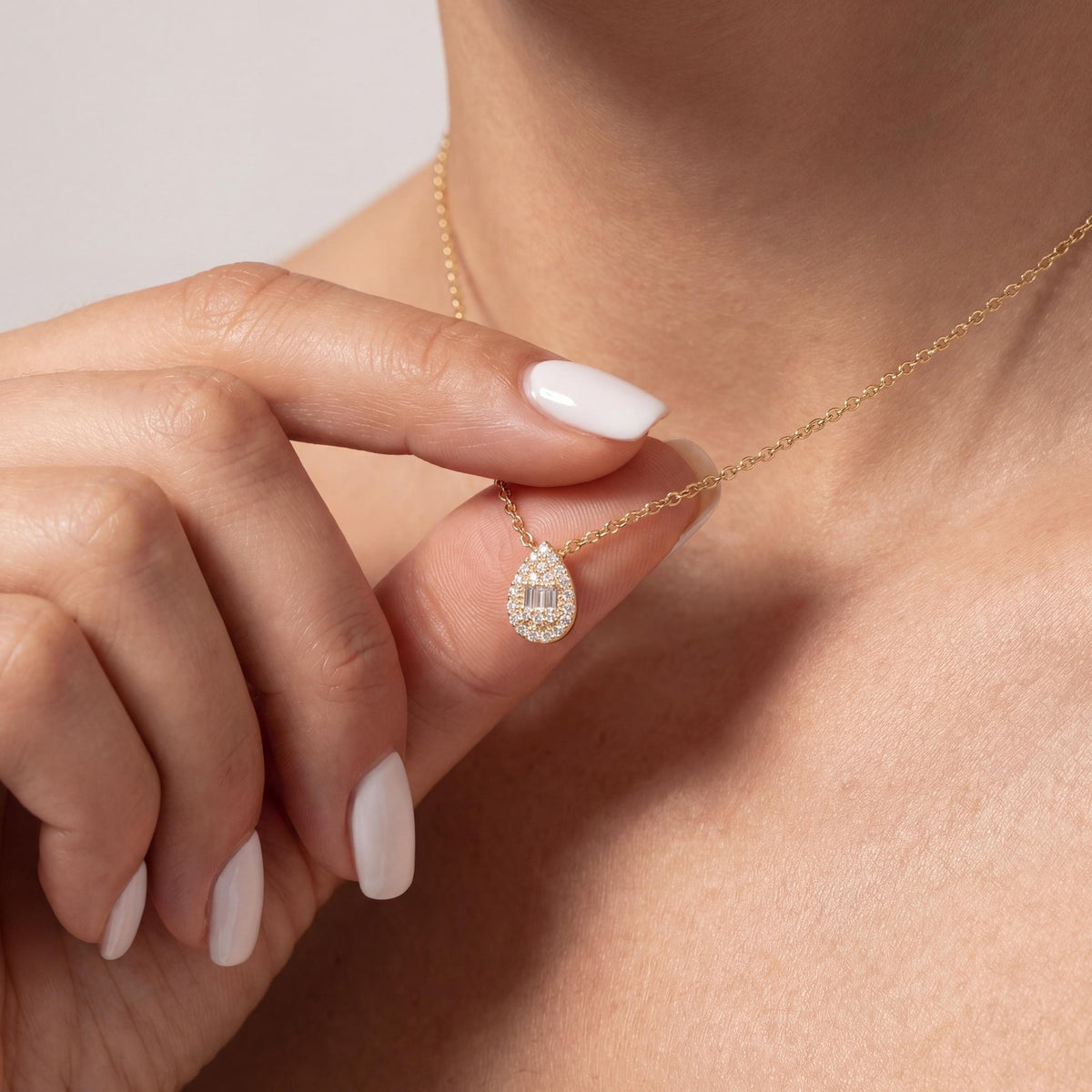 14K gold teardrop necklace, styled view