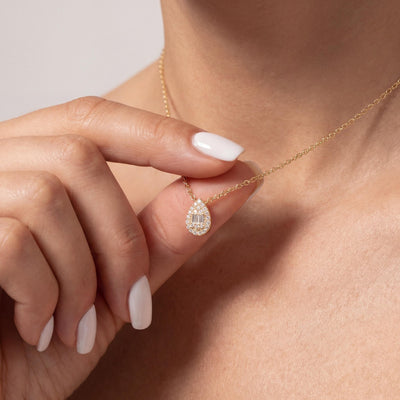 14K gold teardrop necklace, styled view