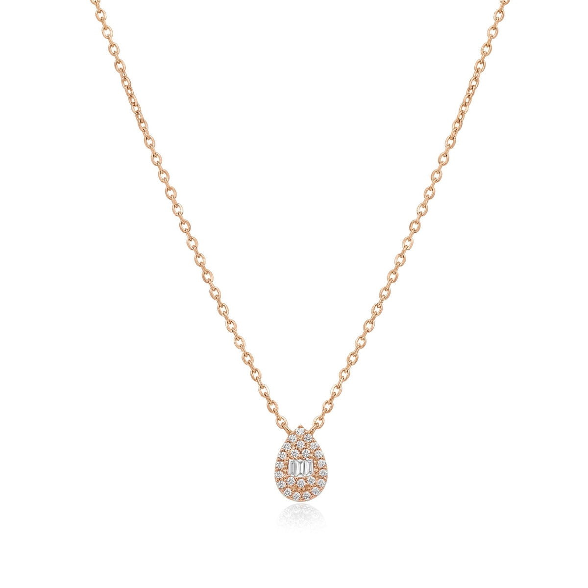 14K rose gold teardrop necklace, pear-shaped pendant with a baguette center ringed by clear stones, on white