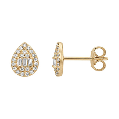 14K yellow gold teardrop stud earrings on white