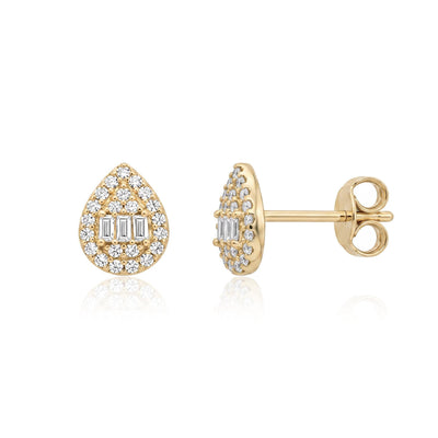 14K yellow gold teardrop stud earrings on white, second angle