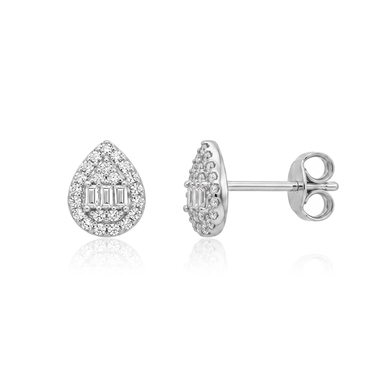 14K white gold teardrop stud earrings on white