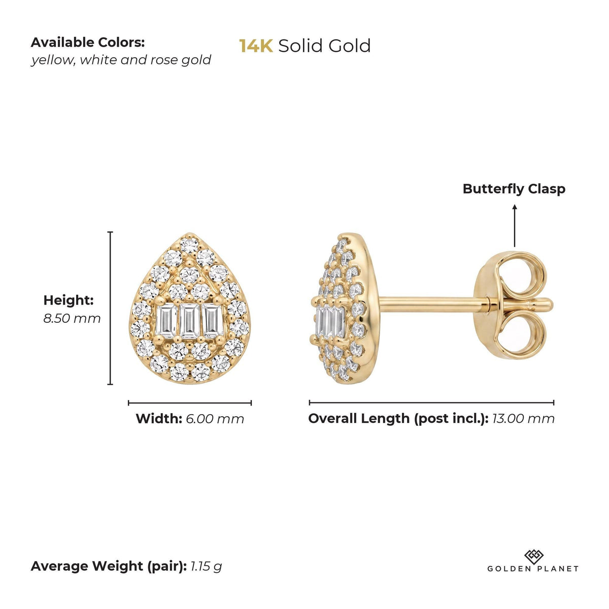 Size chart for the 14K gold teardrop stud earrings showing stones, available colors, height, width, overall length, closure