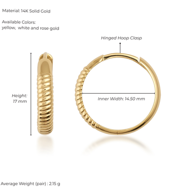 Gold hoop earrings with measurements and material details on a white background