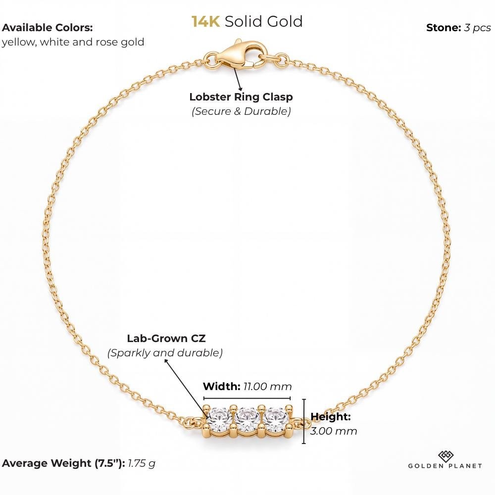14K gold three stone with round cubic zirconia size and weight guide, size and weight guide