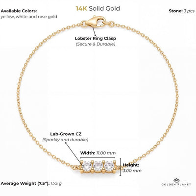 14K gold three stone with round cubic zirconia size and weight guide, size and weight guide