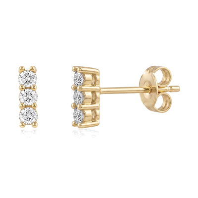 14K yellow gold three stone cubic zirconia stud earrings, front and side view with butterfly back