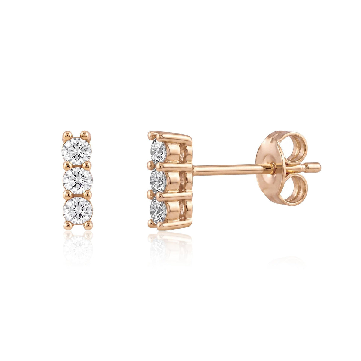 14K rose gold three stone cubic zirconia stud earrings, front and side view with butterfly back