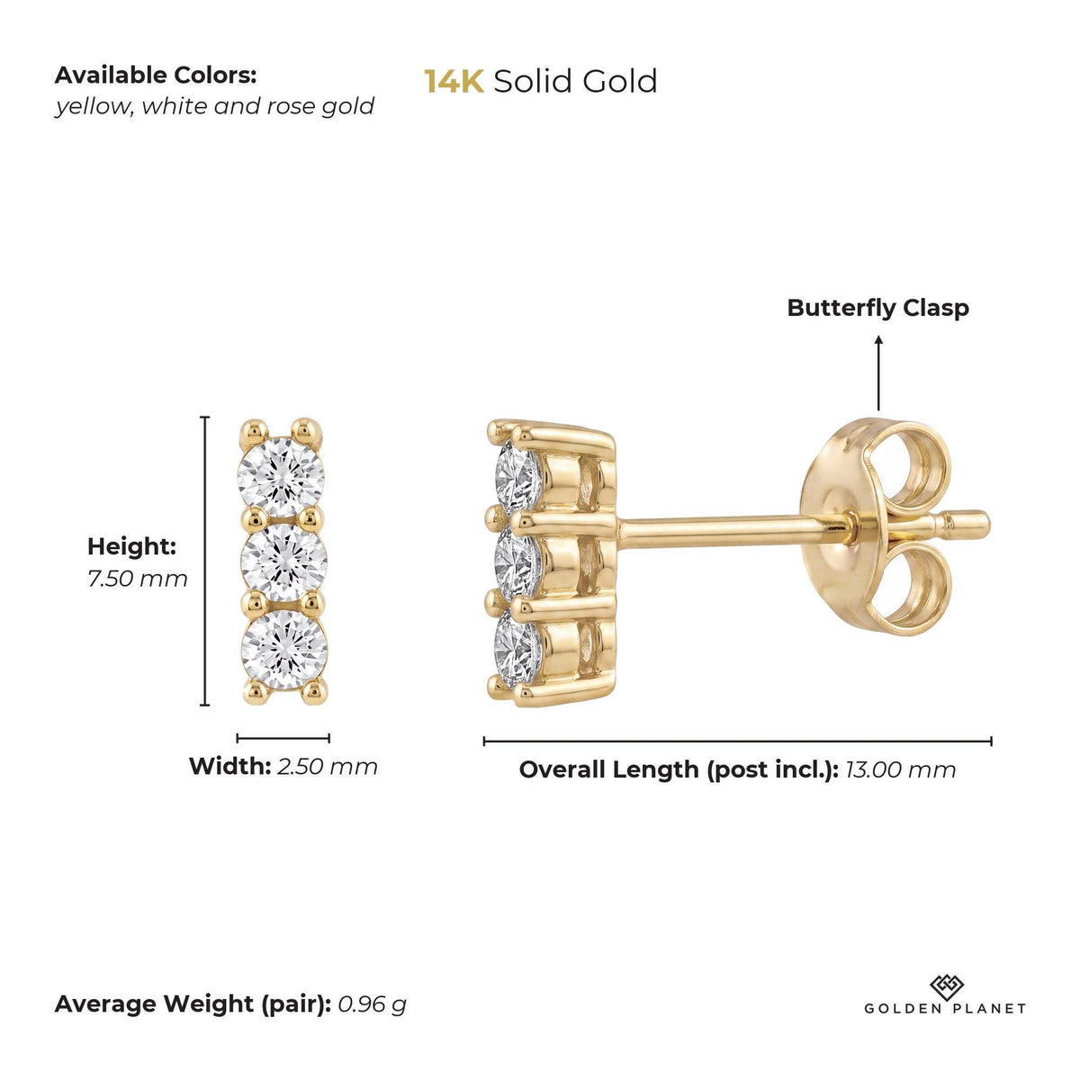 Size chart for the 14K gold three stone earrings showing stones, available colors, earring face, overall length, closure