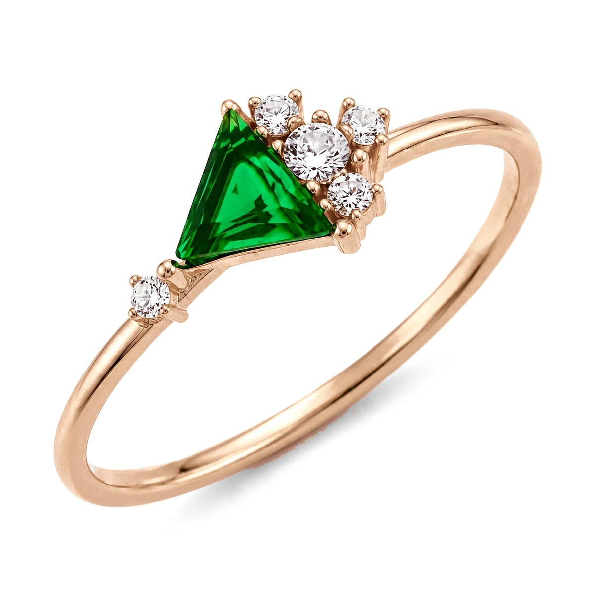 14K rose gold triangle simulated emerald ring with a round cubic zirconia cluster, on white