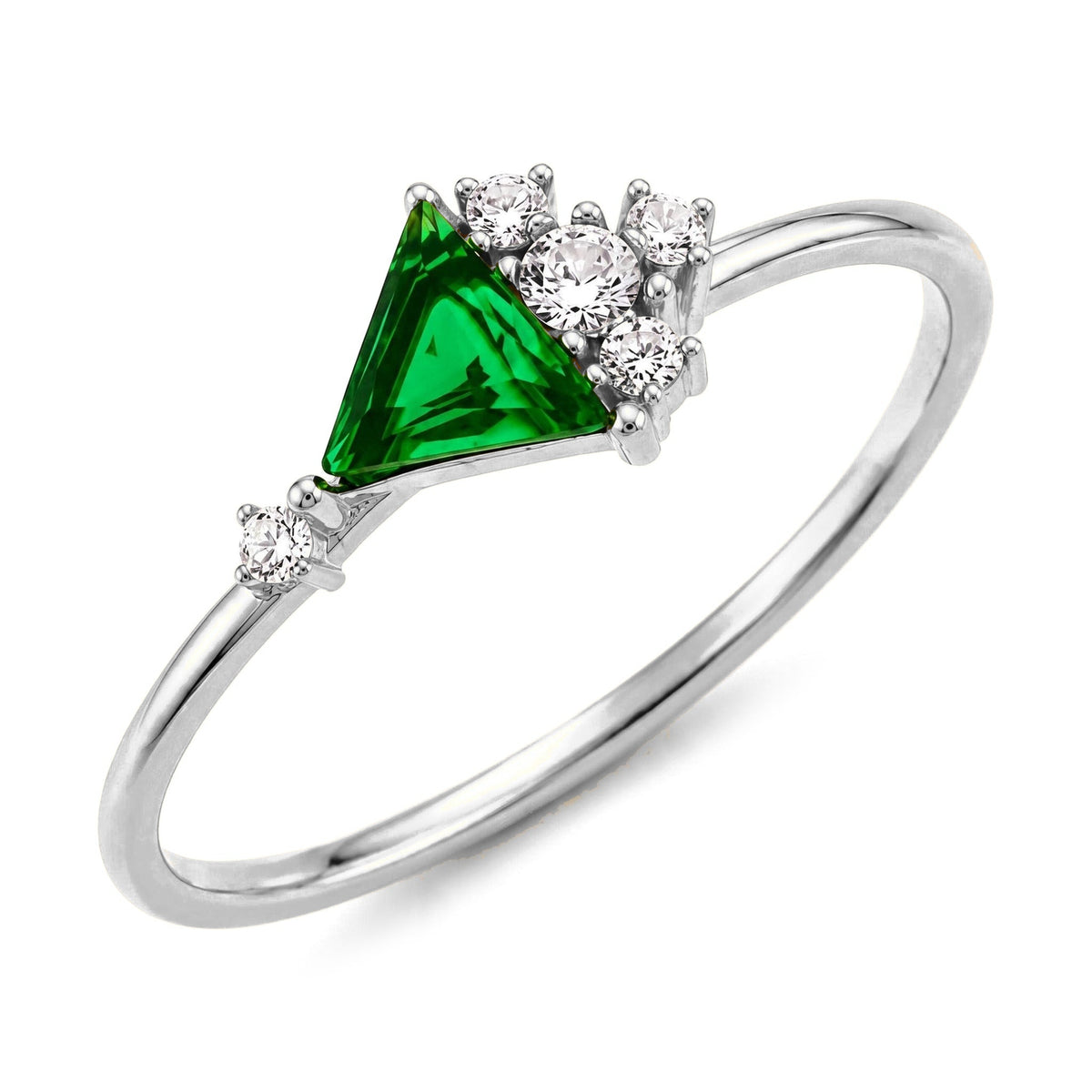 14K white gold triangle simulated emerald ring with a round cubic zirconia cluster, on white