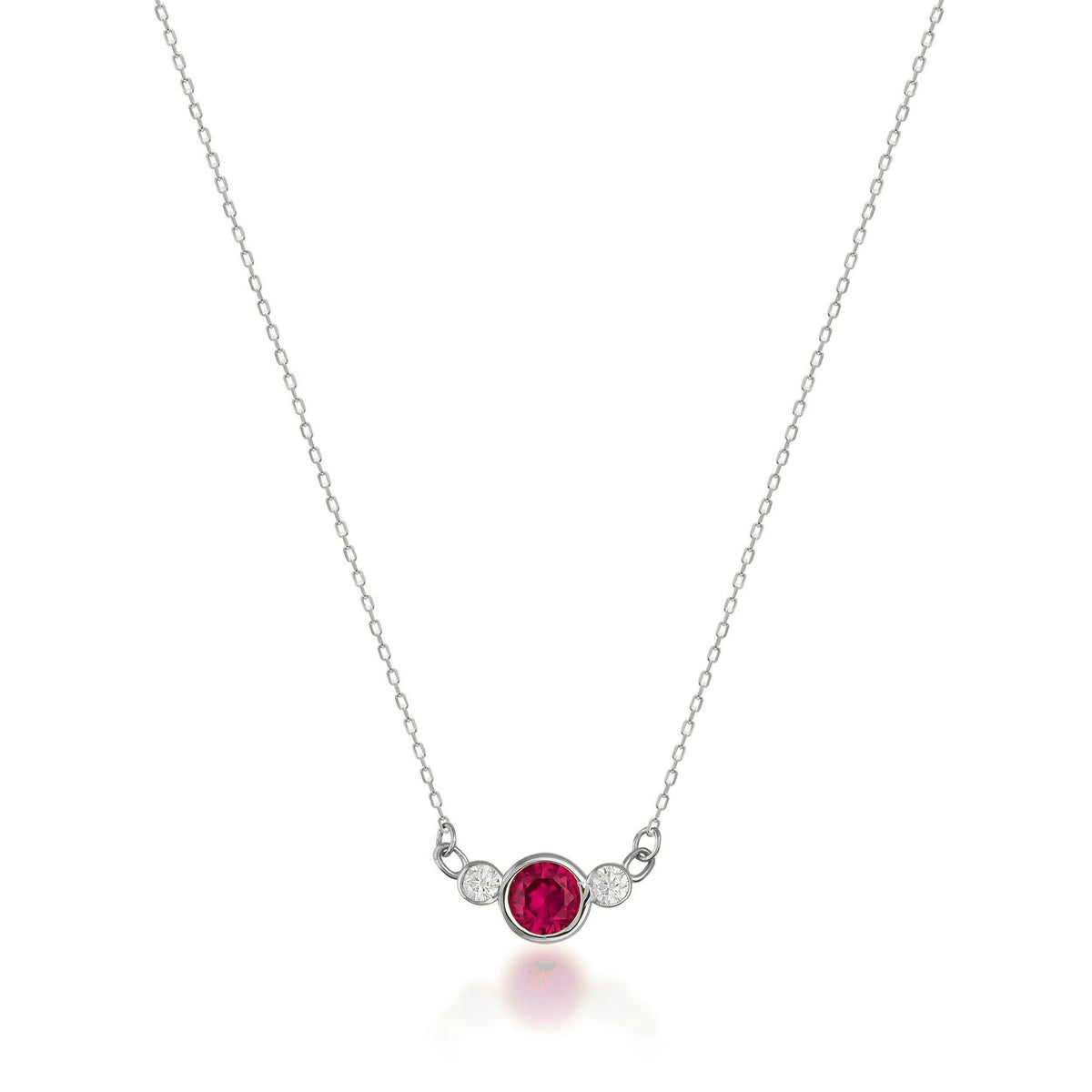 14K white gold necklace with central round red Simulated Ruby and two sparkling side cubic zirconia
