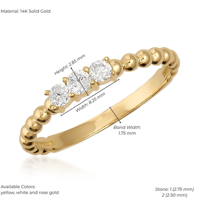 14K Gold Trio Stone Ring – Sparkling Round Zirconia, Beaded Detail, Elegant Band